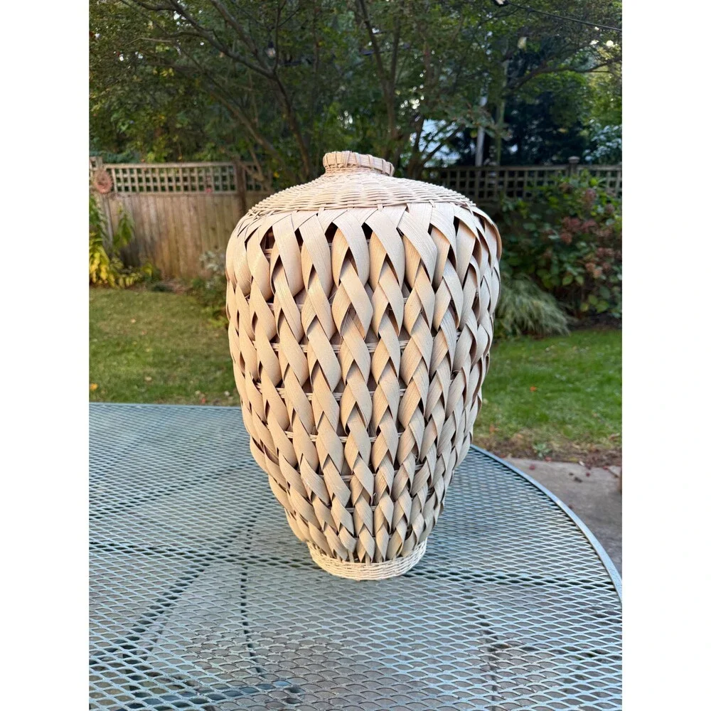 Large Vintage Woven Palm and Rattan Urn Shape Basket Vase